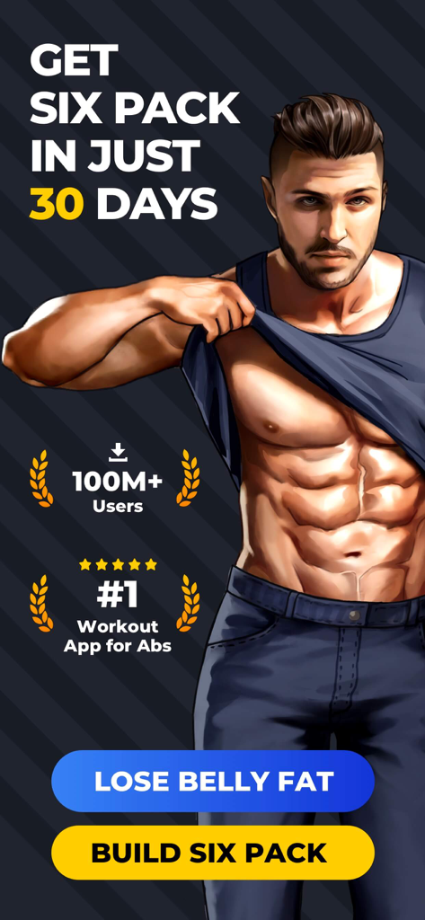 Six Pack in 30 Days - 6 Pack - Promotional screen for Six Pack in 30 Days workout app showing a fit man with defined abs and a 30 day challenge goal
