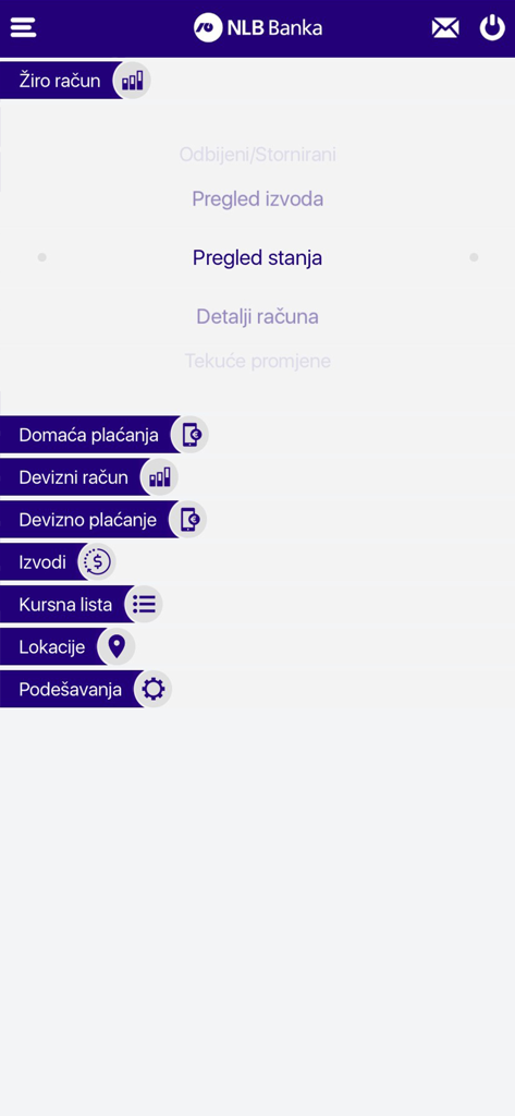 Interfaz de la aplicación móvil NLB ProKlik Crna Gora mostrando el menú de navegación principal para servicios bancarios