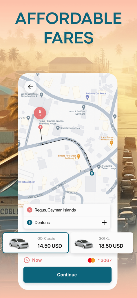 Island: GO! Cayman & Bermuda - Island GO app screen showing a map route and affordable ride prices for GO Classic and GO XL in Grand Cayman