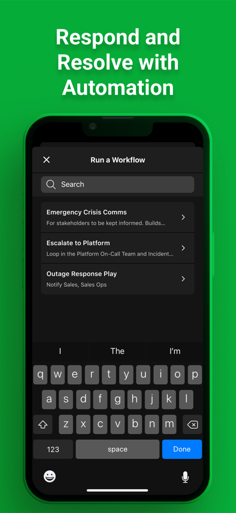 Interfaz de la aplicación móvil PagerDuty mostrando opciones para ejecutar flujos de trabajo de respuesta automatizada para incidentes digitales
