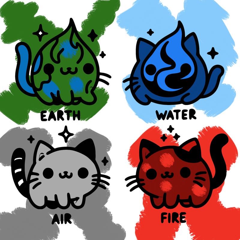 4 cats that represent the different elements, earth, water, air, and fire