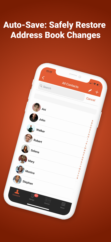 Easy Cleaner. - Interface de l'application mobile Easy Cleaner montrant une liste de contacts et la fonction de restauration avec sauvegarde automatique.