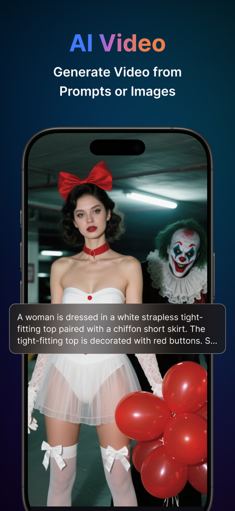 Pollo AI - AI Video Generator - Smartphone screen displaying Pollo AI video generation from a text prompt with a woman and clown.