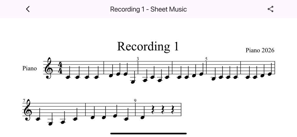 Piano 2026 – Learn piano fast - Affichage d'une partition numérique d'une performance enregistrée dans l'application Piano 2026