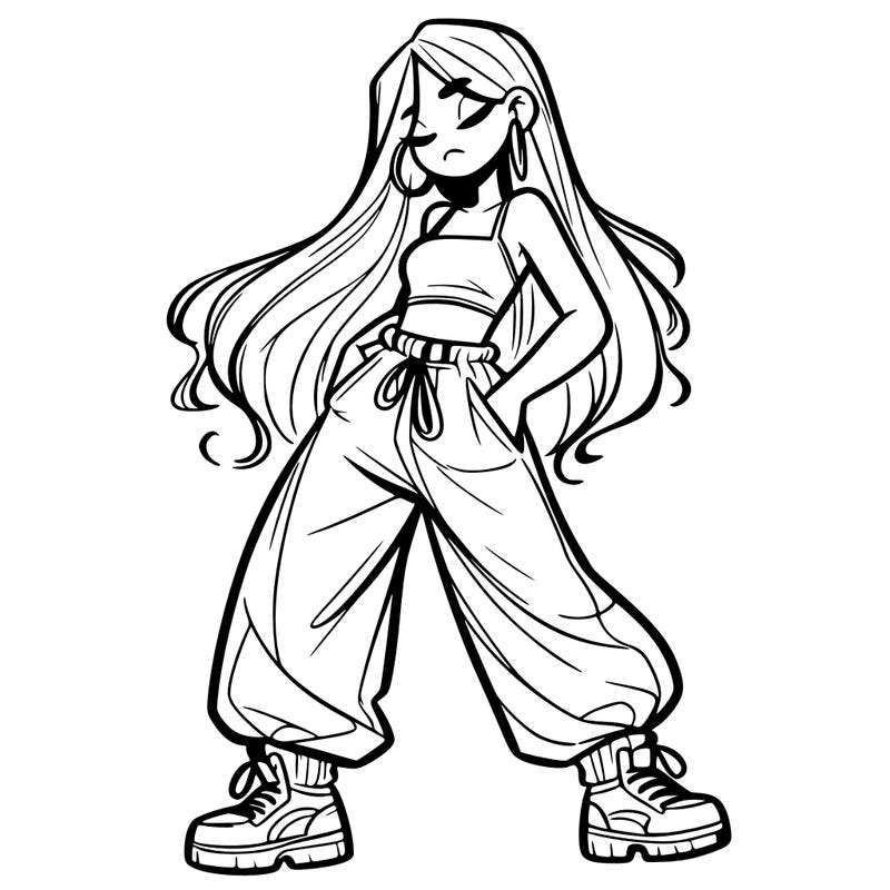 girl in baggy pants crop top and long hair