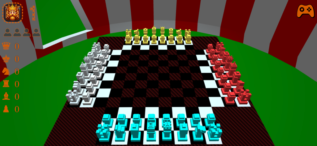 Four player chess match with colorful blocky pieces in a 3D arena