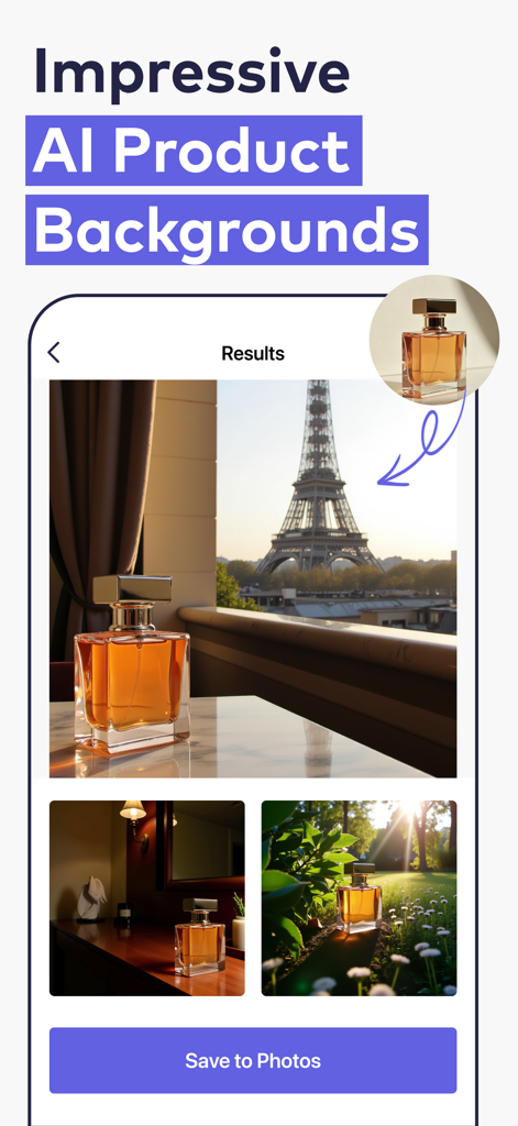 Impresso app interface demonstrating AI product background replacement for a perfume bottle