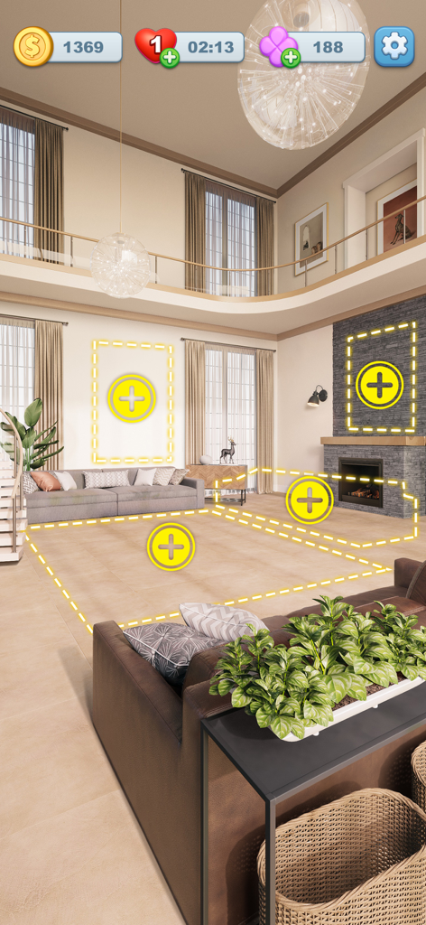 Screw Frenzy: ASMR Home - Un ampio soggiorno nel gioco Screw Frenzy ASMR Home con icone interattive per la scelta di decorazioni e mobili per la casa.