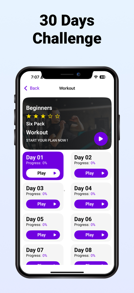 Six Pack in 30 Days - Core Abs - Mobile app interface showing a 30 day core workout challenge for beginners with daily progress tracking