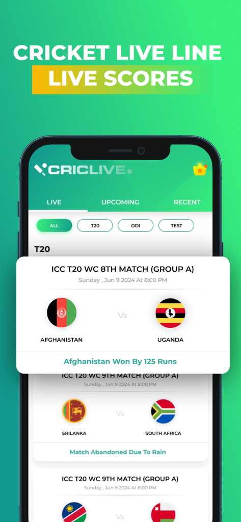 Smartcric - HD Live Cricket TV - Smartphone screen displaying live cricket scores and match results for the T20 World Cup.