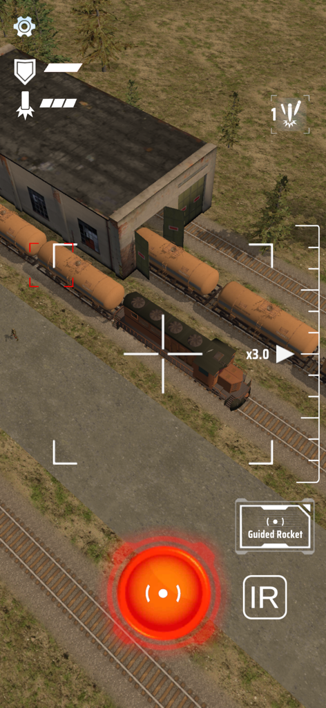 Drone Strike Military War 3D - Vue de drone aérien ciblant un train avec des wagons-citernes dans une zone de combat militaire