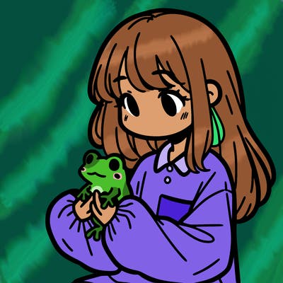 girl with long hair and a oversized shirt. and she is holding a frog
