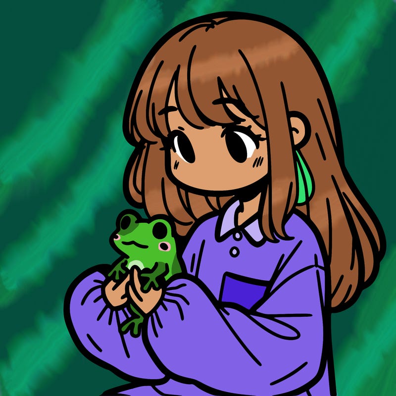 girl with long hair and a oversized shirt. and she is holding a frog