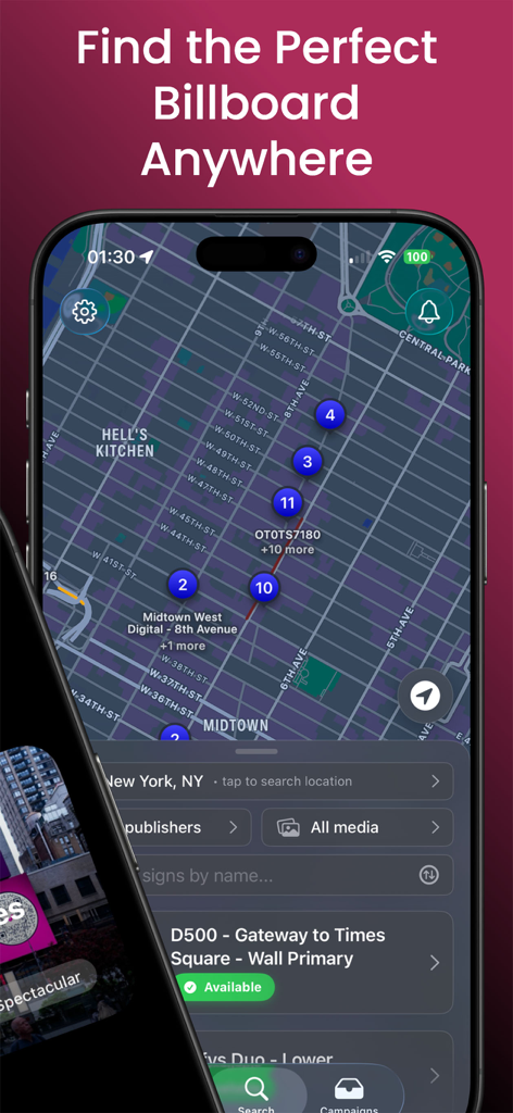 Vue app screen showing a map with digital billboard locations in New York City