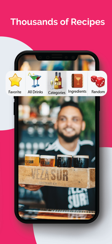 Interface of 8500 plus Drink Recipes mobile app showing navigation menu and categories