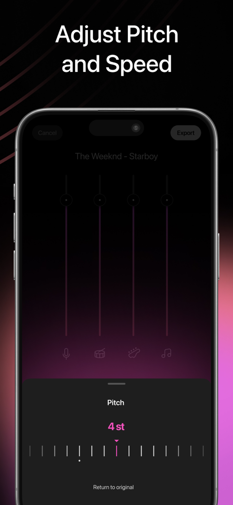 Vocal Remover - Melodify - 음악 트랙에 대한 음높이 및 속도 조절 도구를 보여주는 Melodify 앱의 인터페이스