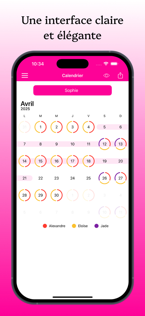 KidCal: Co-Parent Calendar App - KidCal mobile app interface showing a color-coded custody calendar for co-parents.