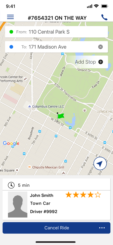 DIAL 7 app interface showing real-time ride tracking in Manhattan with driver information and estimated arrival time.