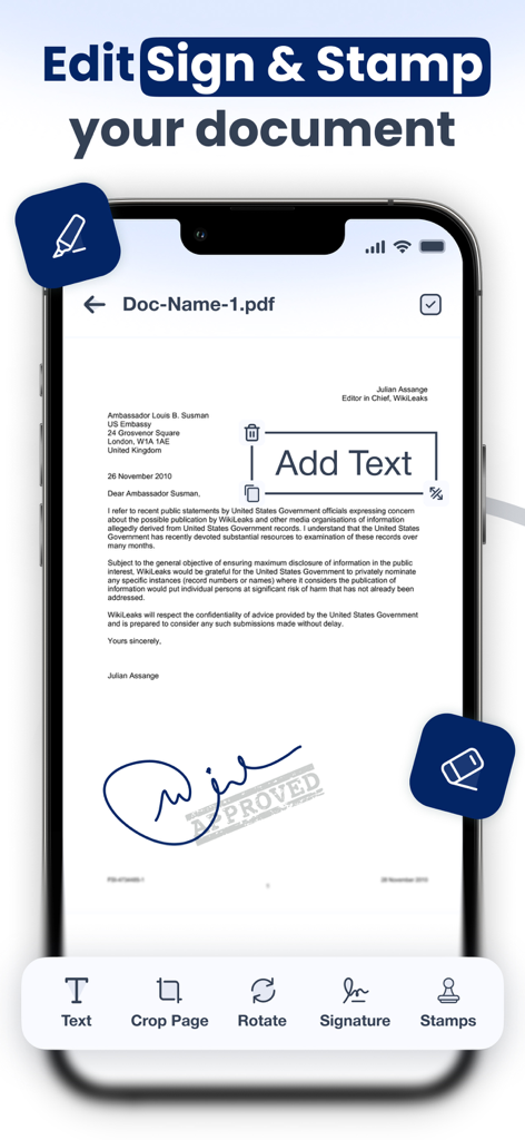 Smart Scanner: Convert PDF Doc - Interfaccia dell'app Smart Scanner che mostra funzionalità di modifica, firma e timbratura dei documenti