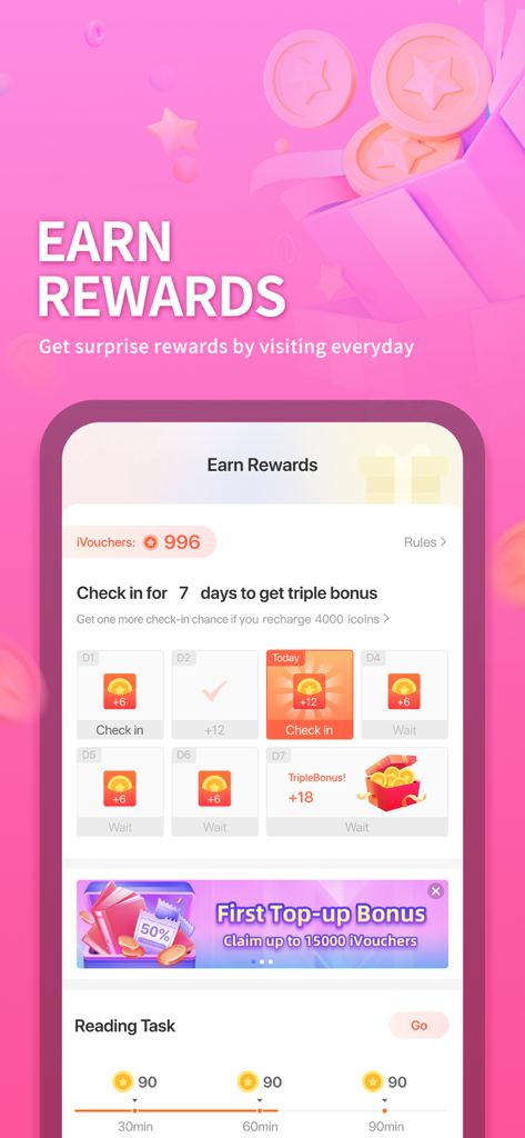 MyNovel-Werewolf,Vampire - MyNovel app rewards screen showing daily check in calendar and reading task bonuses in a pink theme