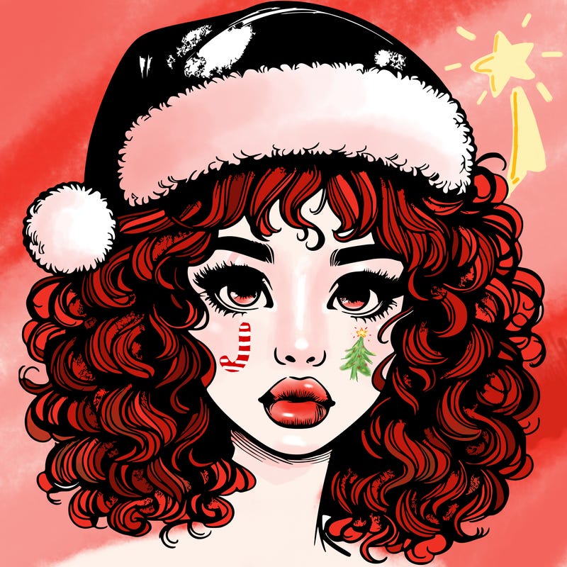 realistic girl with a santa hat curly hair and lips