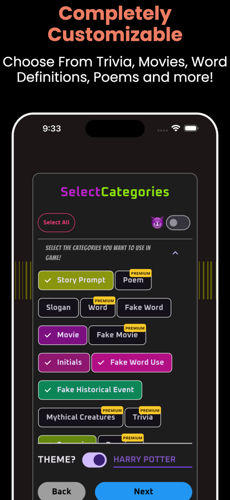 Party Ai - A mobile app screen showing game category selection and theme settings for Party Ai