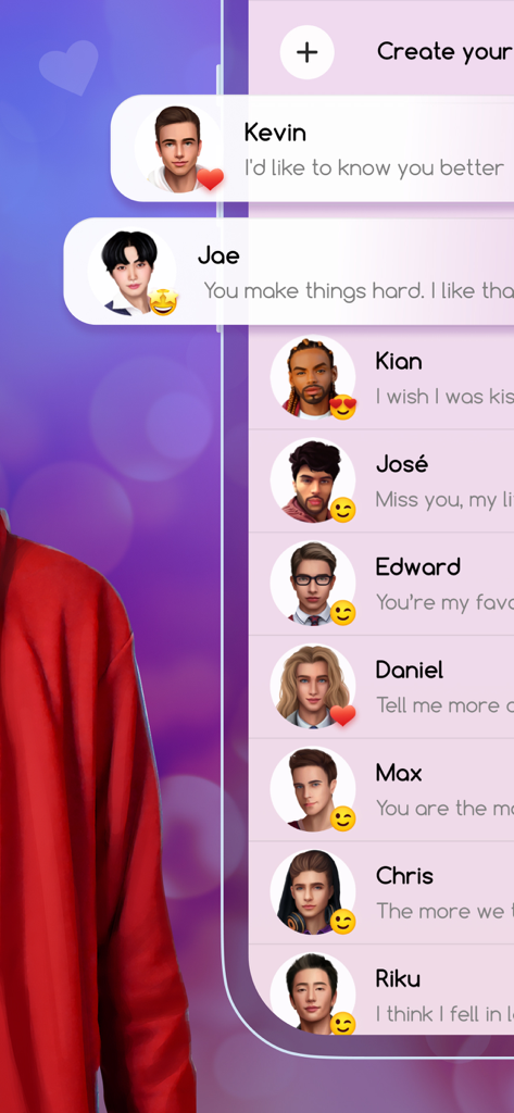 My Virtual Boyfriend Talk - Interface showing a list of virtual boyfriend characters with photos and short messages