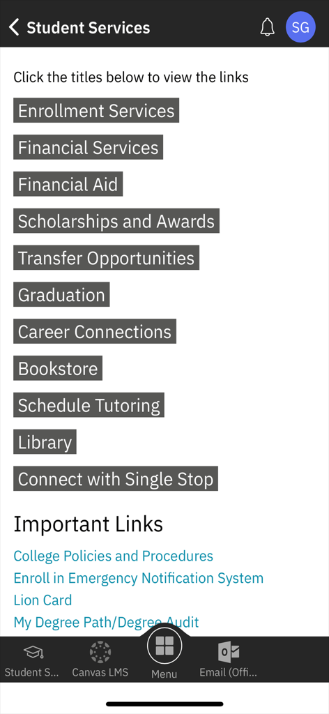 The Student Services screen of the MyCCP Mobile app featuring links for enrollment, financial aid, and career connections.