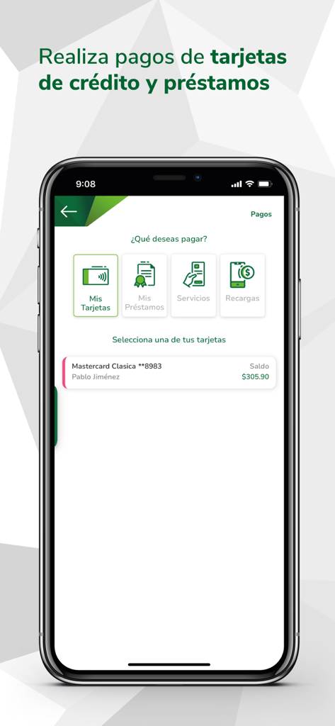 SGB Móvil app interface showing options for credit card and loan payments