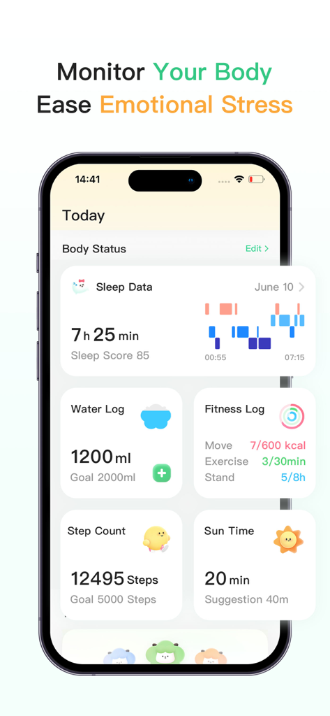 Ein Screenshot der FeelFlow-App, der das tägliche Body-Status-Dashboard mit Schlaf-, Hydrations-, Fitness- und Schrittzahlverfolgung zeigt.