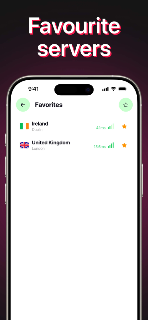 Mobile app screen showing a list of favorite VPN servers with connection speeds and signal strength