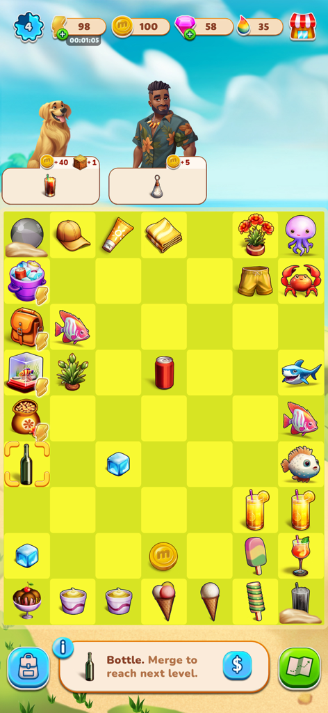 Summer Love: Merge & Story - Gameplay screenshot of Summer Love Merge and Story showing a puzzle board with beach themed items and characters