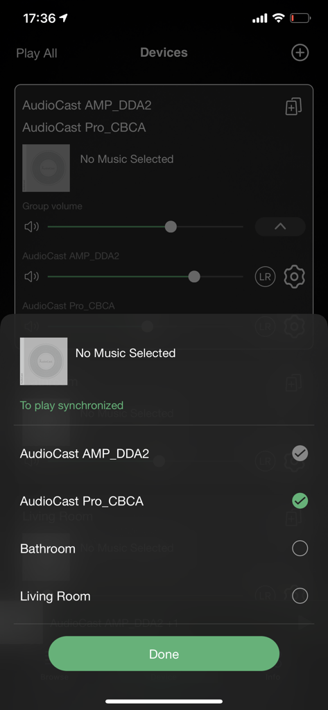 AudioCast - AudioCast app interface showing a list of connected speakers to sync for multi-room audio playback.