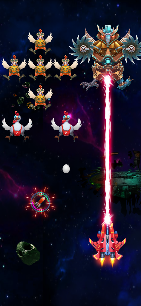 Galaxy Attack: Alien Invaders - Red spaceship firing a laser beam at alien chickens and a giant boss in space
