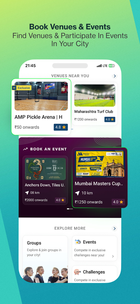 Hudle mobile app screen showing options for booking local sports venues and participating in fitness events