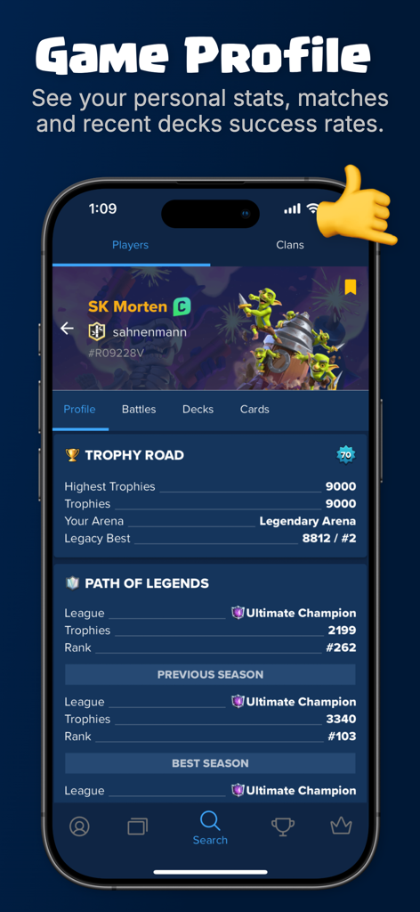 Screenshot of Stats Royale app showing a detailed player profile with Trophy Road and Path of Legends statistics