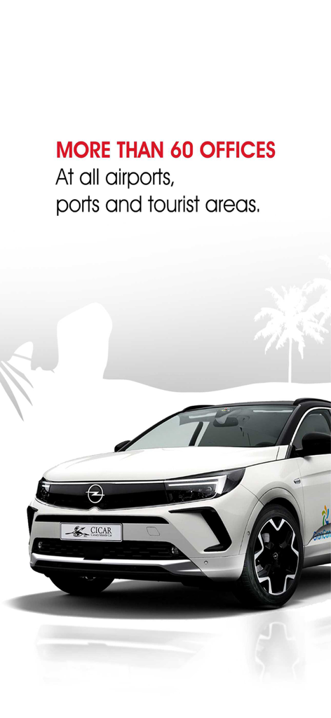 Cicar - Un coche Opel blanco que representa la flota de alquiler de Cicar con texto indicando que hay más de 60 oficinas en aeropuertos y puertos