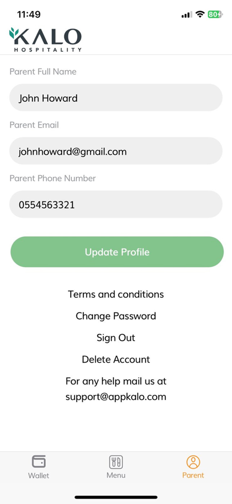 Kalo Hospitality app parent profile settings screen showing name email and phone number fields