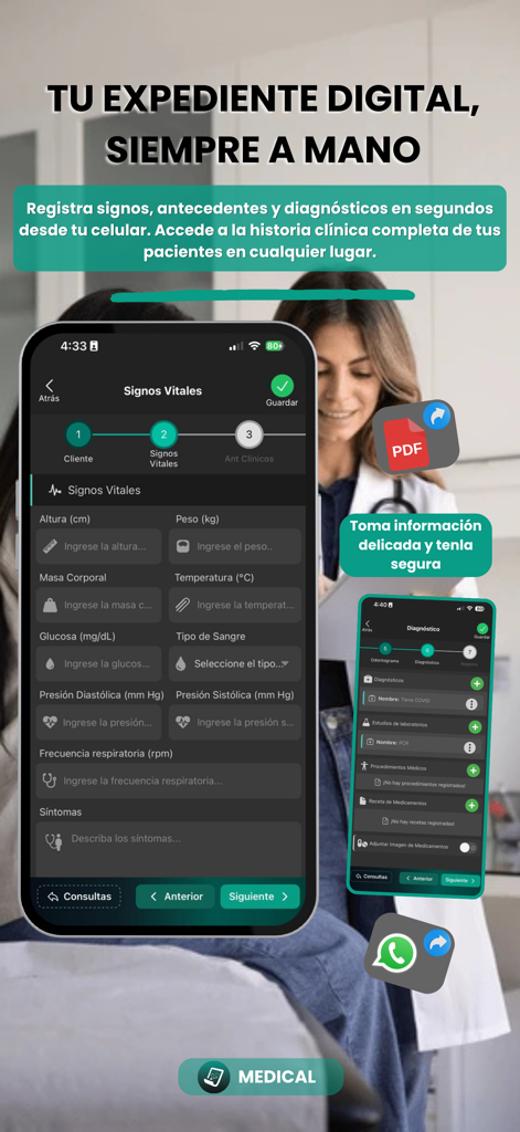 Medicals - Interfaz de la aplicación móvil Medicals para gestionar expedientes médicos digitales y signos vitales