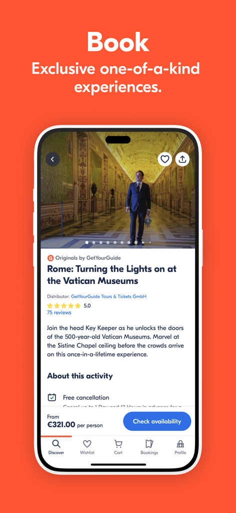 GetYourGuide app interface for booking an exclusive tour of the Vatican Museums