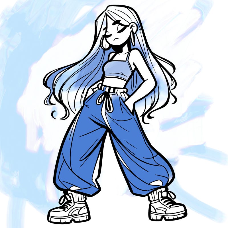 girl in baggy pants crop top and long hair