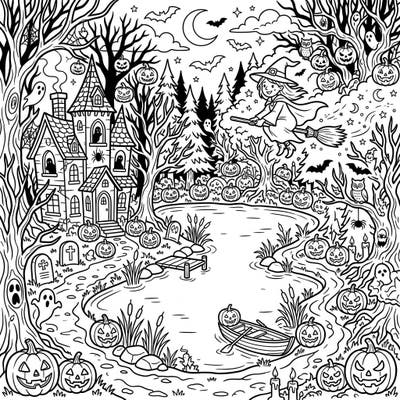 Step into a magical, spooky world with this enchanting Halloween coloring page, set in a mysterious forest lake. A friendly witch soars above a landscape bustling with grinning pumpkins, a haunted mansion, and other eerie delights, inviting you to add vibrant colors to this festive scene.