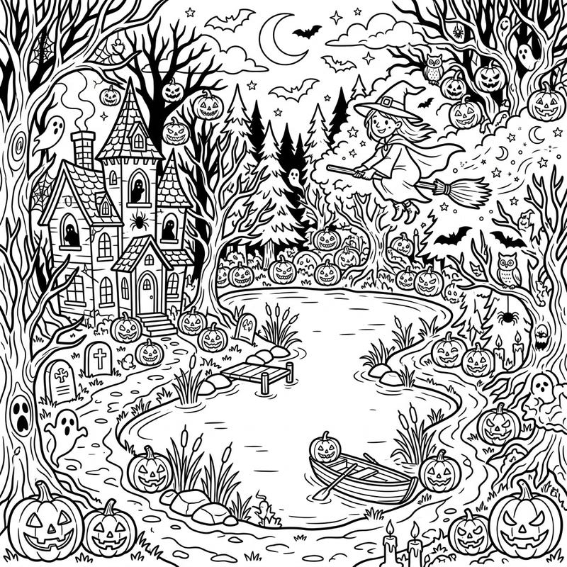 Step into a magical, spooky world with this enchanting Halloween coloring page, set in a mysterious forest lake. A friendly witch soars above a landscape bustling with grinning pumpkins, a haunted mansion, and other eerie delights, inviting you to add vibrant colors to this festive scene.