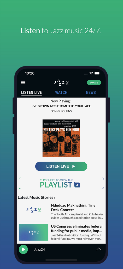 Jazz24: World Class Jazz Radio - Interface of the Jazz24 radio app showing the live broadcast screen and latest music stories