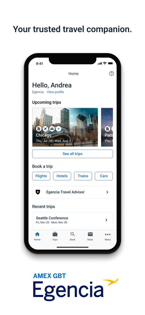 Egencia business travel app home screen showing upcoming trips and booking options for flights and hotels.