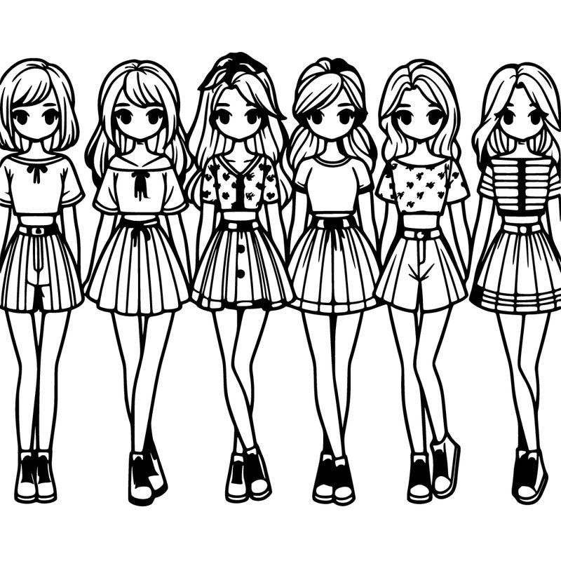 'a group of girls wearing shirt dresses crop tops skirts and shorts