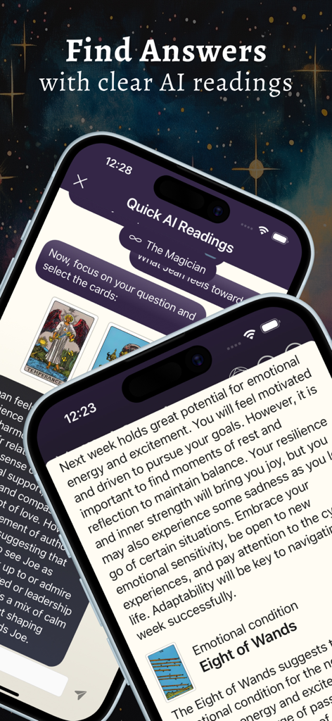 Tarot & Runes: Daily Readings - Pantallas de la aplicación móvil mostrando lecturas de tarot con IA e interpretaciones detalladas de cartas