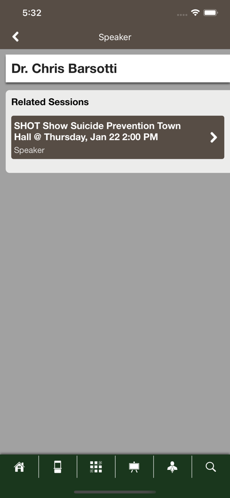 SHOT Show Mobile - SHOT Show app speaker profile for Dr Chris Barsotti showing related sessions