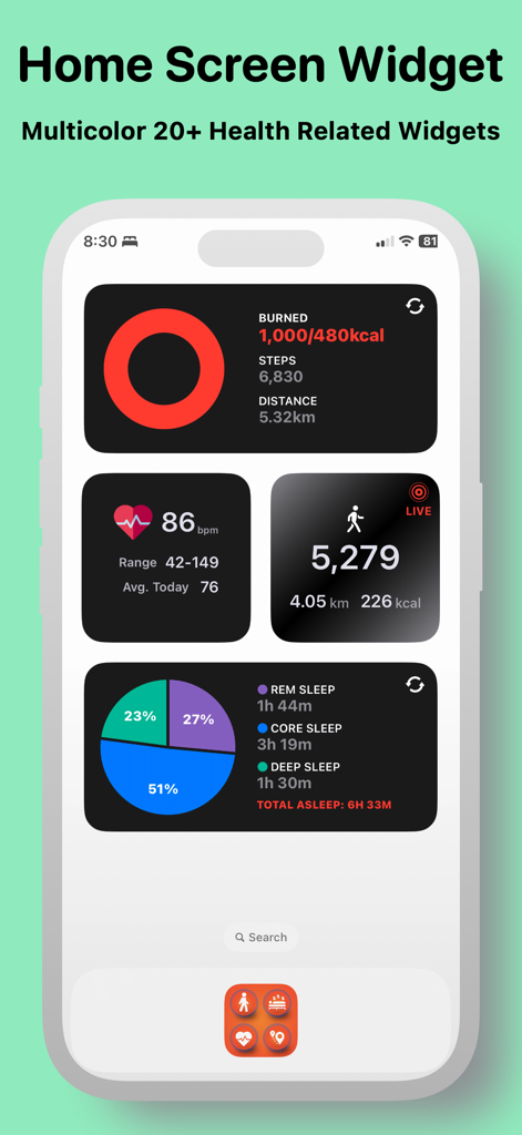 Vital Signs: My FitWidget - iPhone home screen displaying multiple health widgets for tracking calories, heart rate, steps, and sleep stages