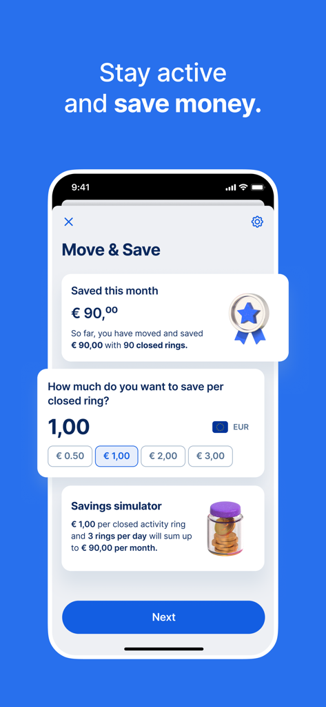 Screenshot der Move and Save-Funktion der George Österreich App, die Sparziele zeigt, die mit dem Schließen von Aktivitätsringen verknüpft sind.